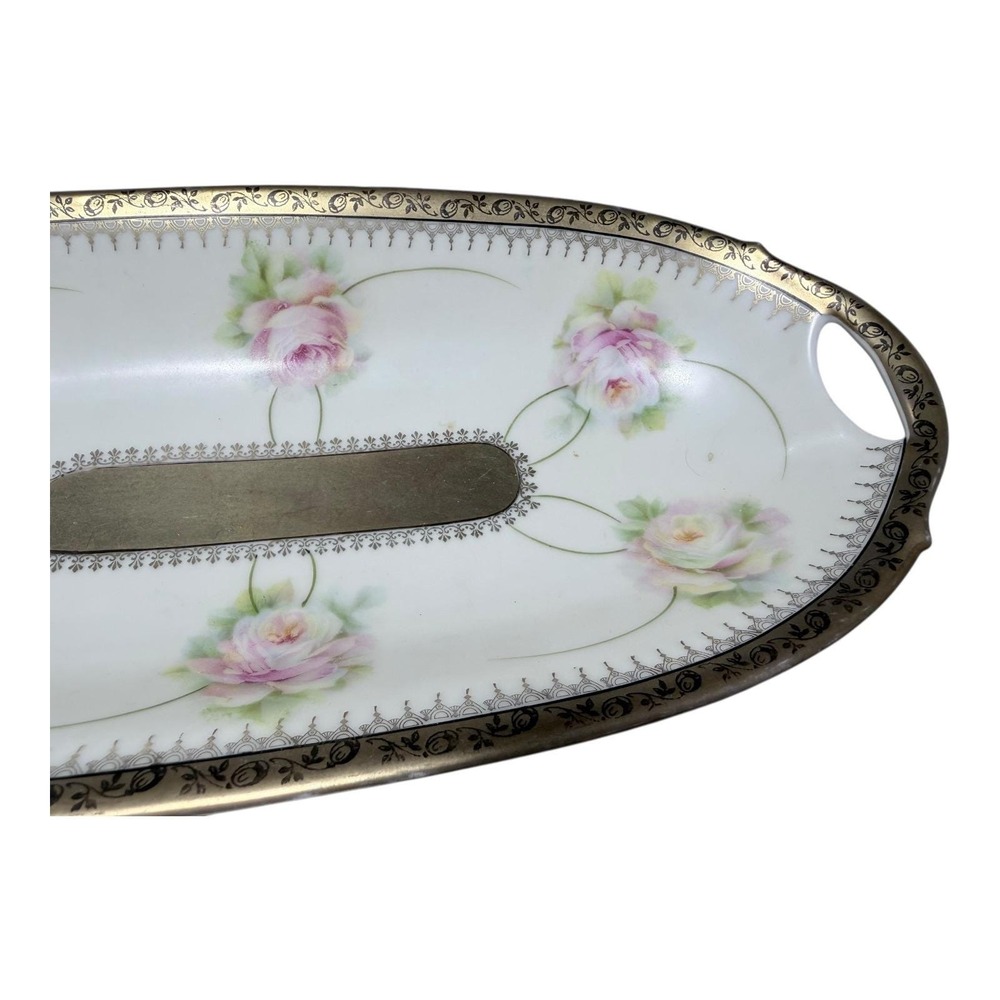 VTg Bavaria Handpainted Porcelain Bread Tray Celery Dish Pink Roses Gold‎ Trim - Picture 6 of 9
